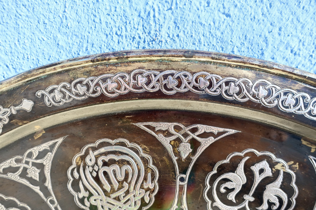 Grand Plateau Syrien, Persan, Bronze Damasquiné XIXème, 67,5 cm-photo-4