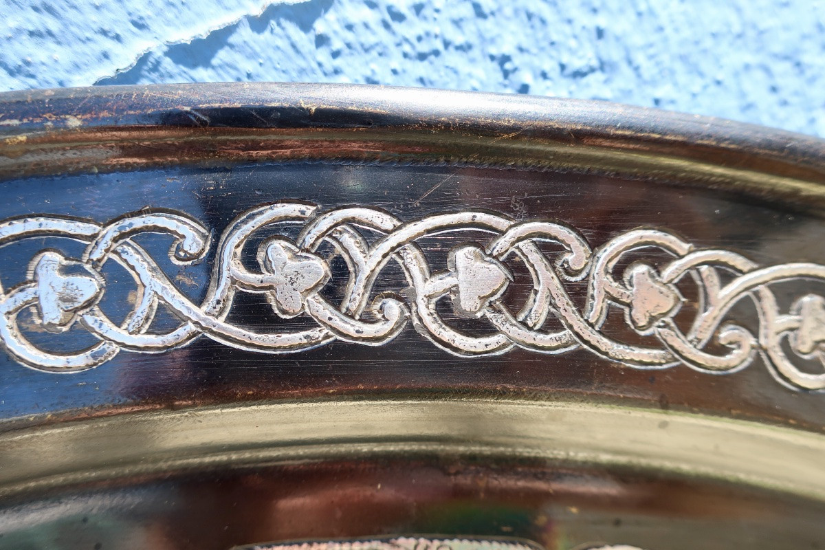 Grand Plateau Syrien, Persan, Bronze Damasquiné XIXème, 67,5 cm-photo-5