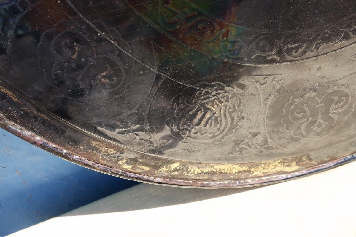Grand Plateau Syrien, Persan, Bronze Damasquiné XIXème, 67,5 cm-photo-7