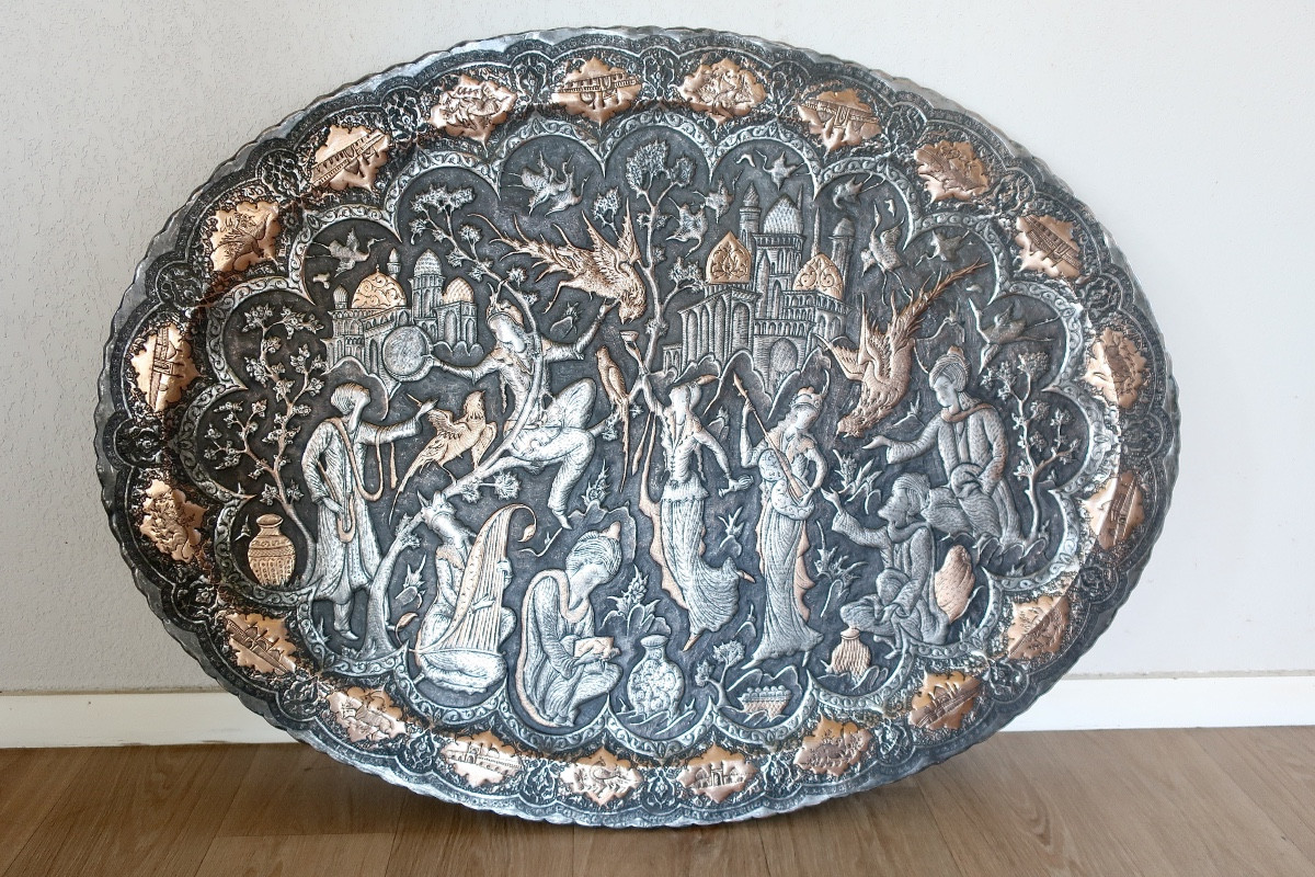 Important Plateau Kadjar 101 x 75 cm, Perse, XIXème, en TBE