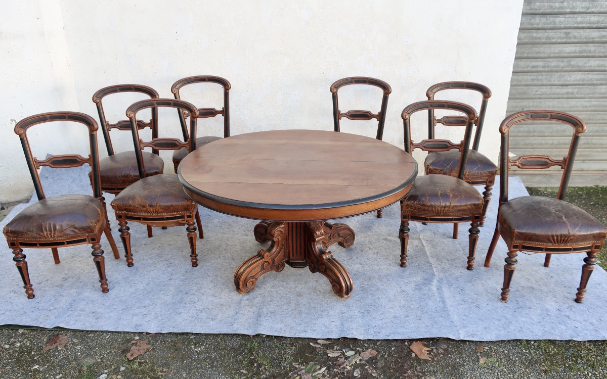 Salle à Manger Napoléon III Noyer à Restaurer, Enfilade 2 Corps, Table Ovale+ 8 Chaises