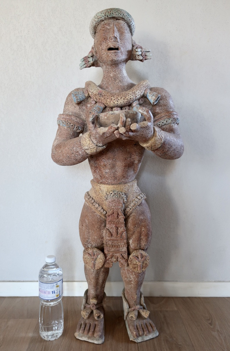 Large Mayan-style Polychrome Terracotta Figure, H = 105 Cm, 20th Century-photo-2