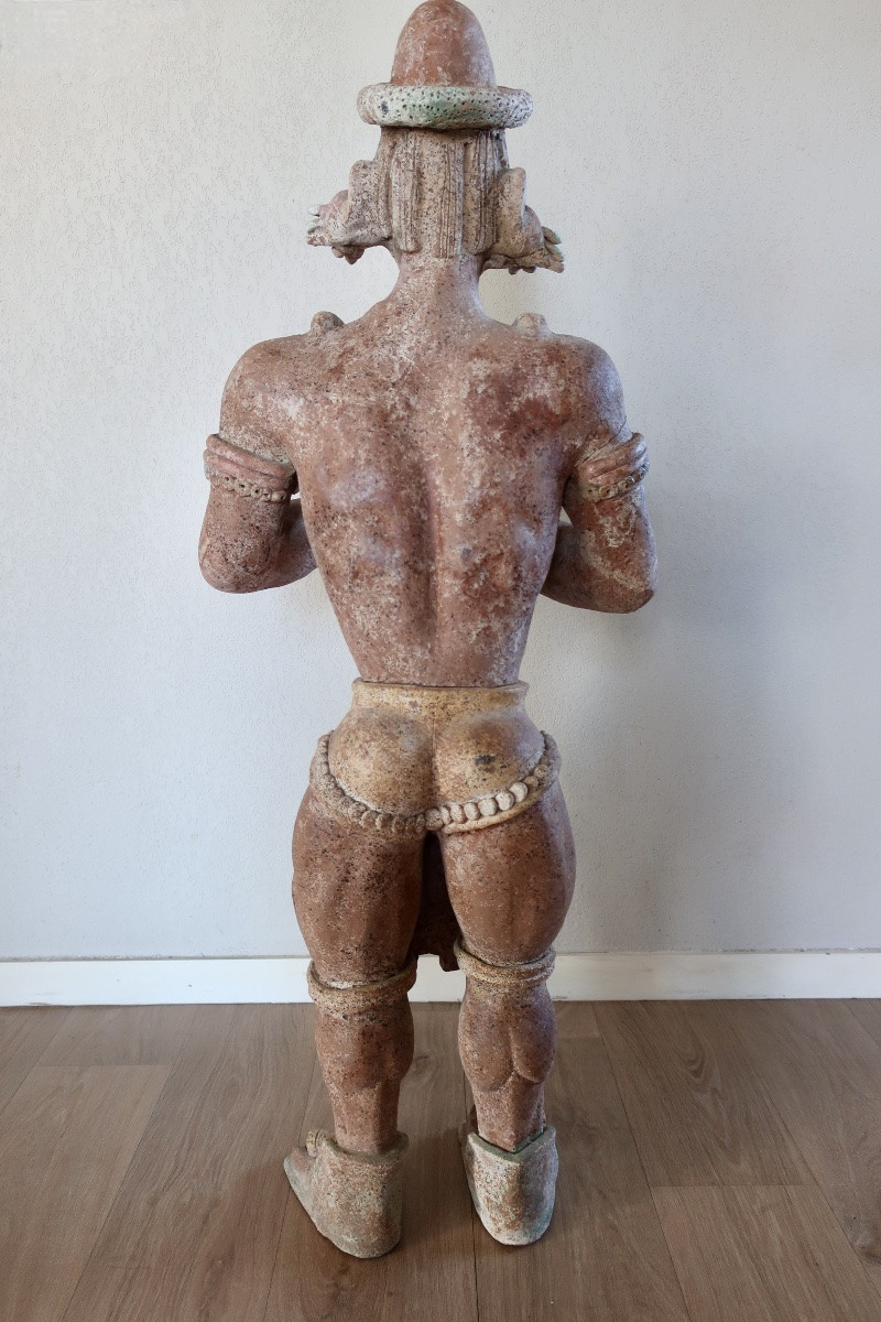 Large Mayan-style Polychrome Terracotta Figure, H = 105 Cm, 20th Century-photo-4