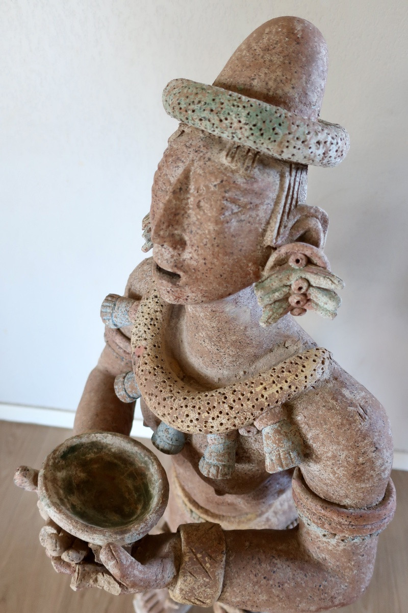Large Mayan-style Polychrome Terracotta Figure, H = 105 Cm, 20th Century-photo-4
