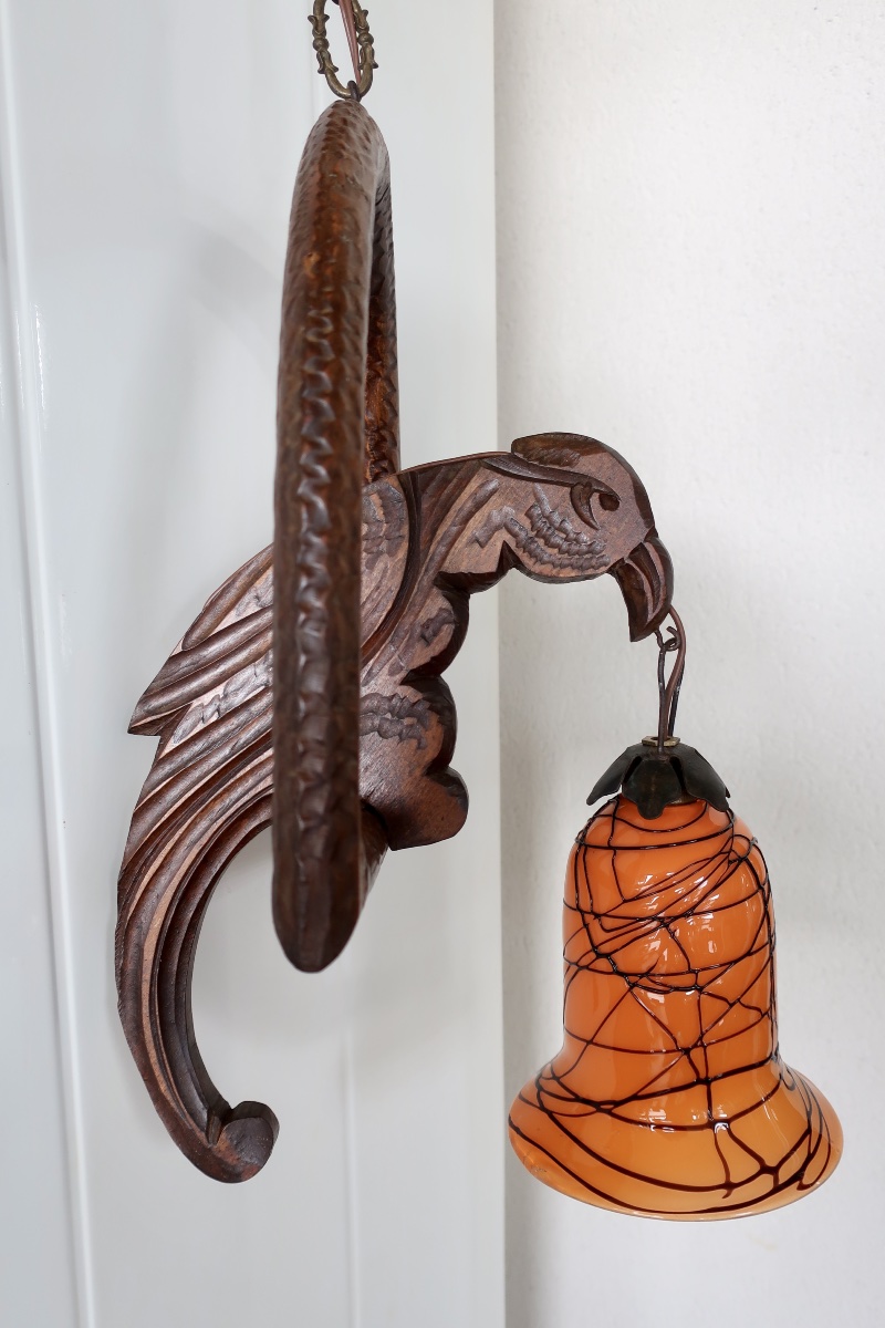 Suspension Art Nouveau 1900 au Perroquet, Tulipe de Loetz-photo-2