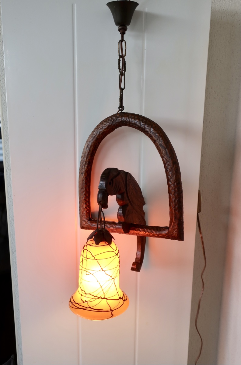 Suspension Art Nouveau 1900 au Perroquet, Tulipe de Loetz-photo-3