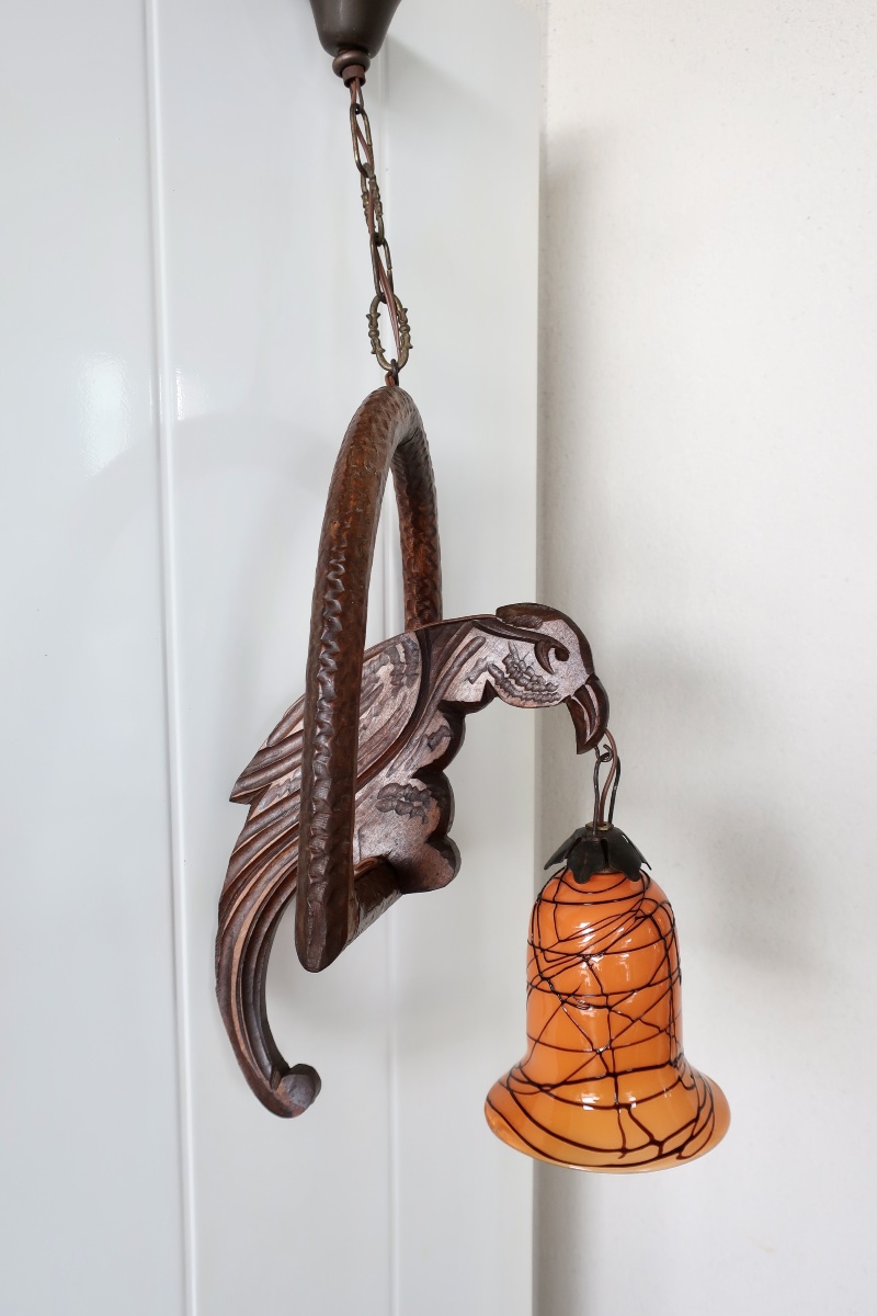Suspension Art Nouveau 1900 au Perroquet, Tulipe de Loetz