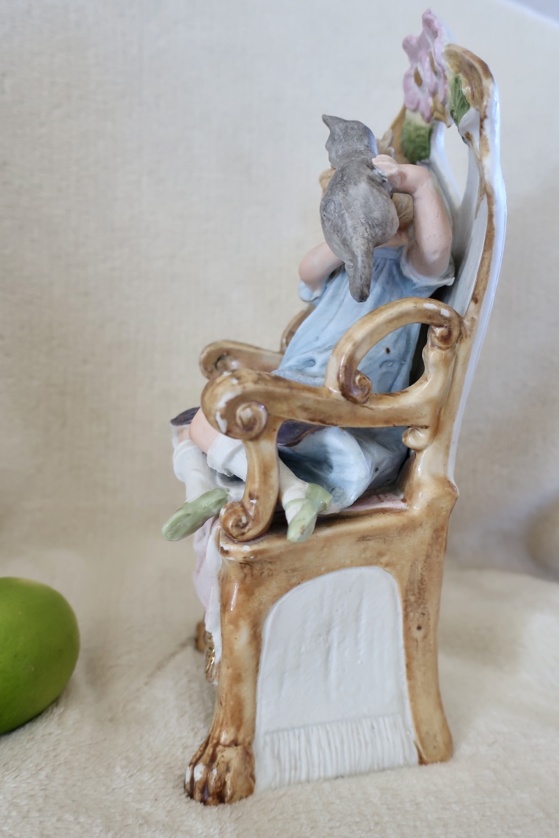 A.w.f. Kister Scheibe Alsbach Biscuit Figurine, Girl With Cat, 24 Cm, Circa 1910, Child, Cherub...-photo-3