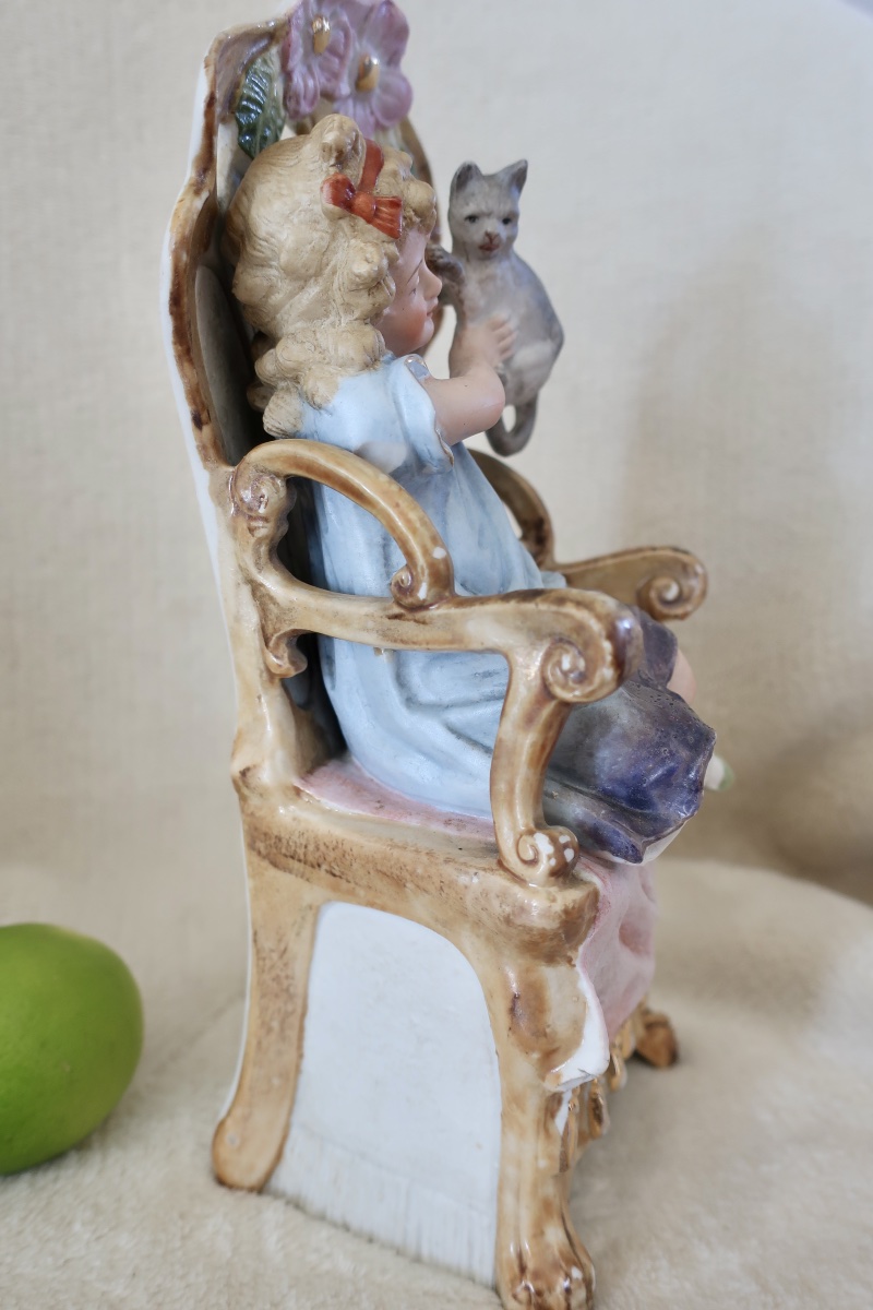 A.w.f. Kister Scheibe Alsbach Biscuit Figurine, Girl With Cat, 24 Cm, Circa 1910, Child, Cherub...-photo-2
