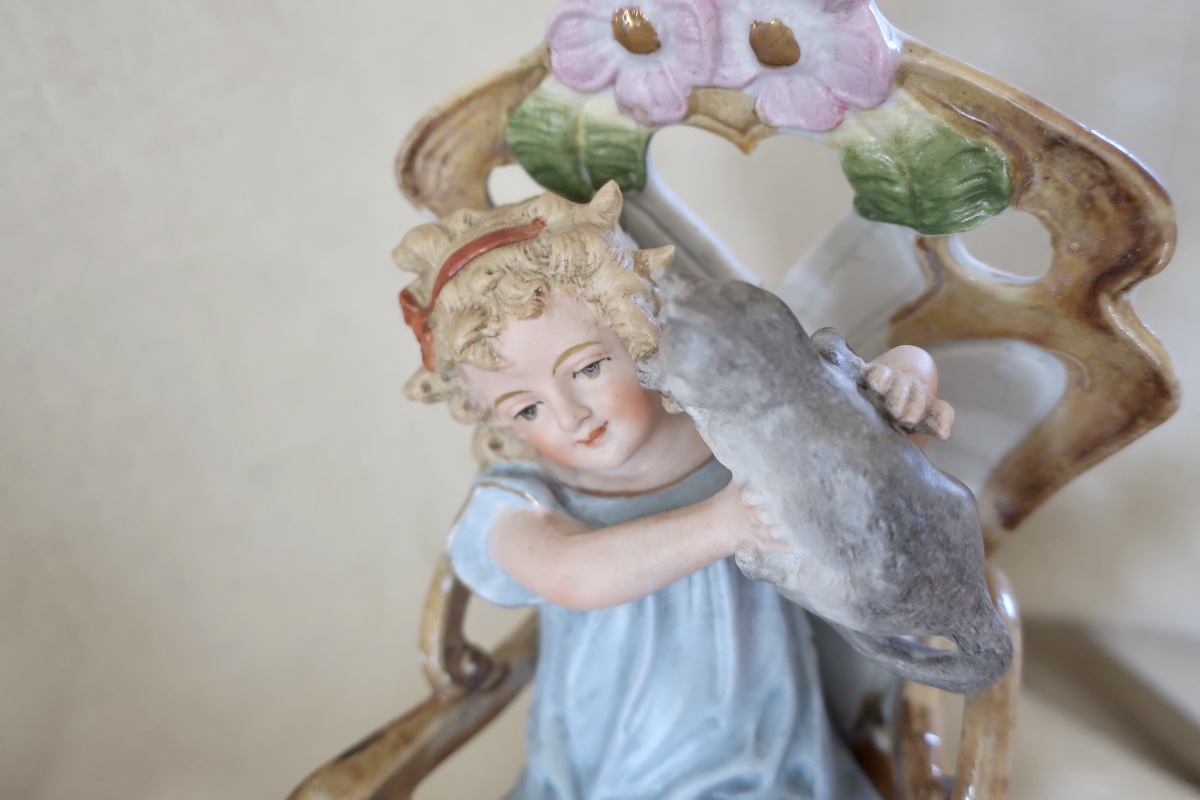 A.w.f. Kister Scheibe Alsbach Biscuit Figurine, Girl With Cat, 24 Cm, Circa 1910, Child, Cherub...-photo-4