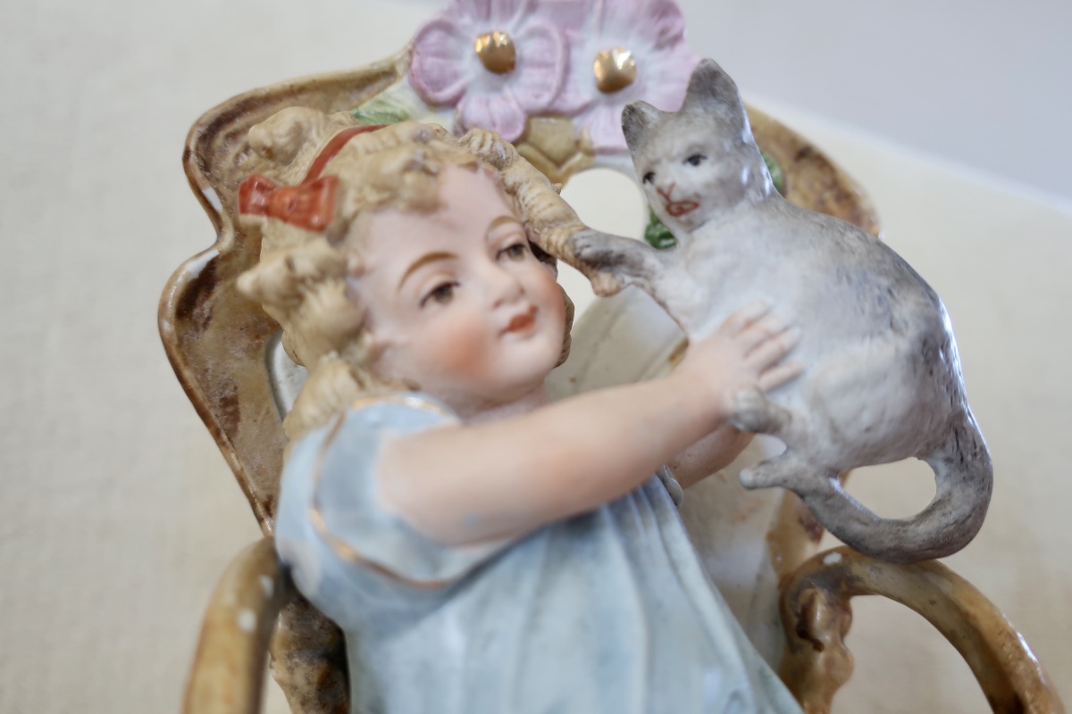 A.w.f. Kister Scheibe Alsbach Biscuit Figurine, Girl With Cat, 24 Cm, Circa 1910, Child, Cherub...-photo-5