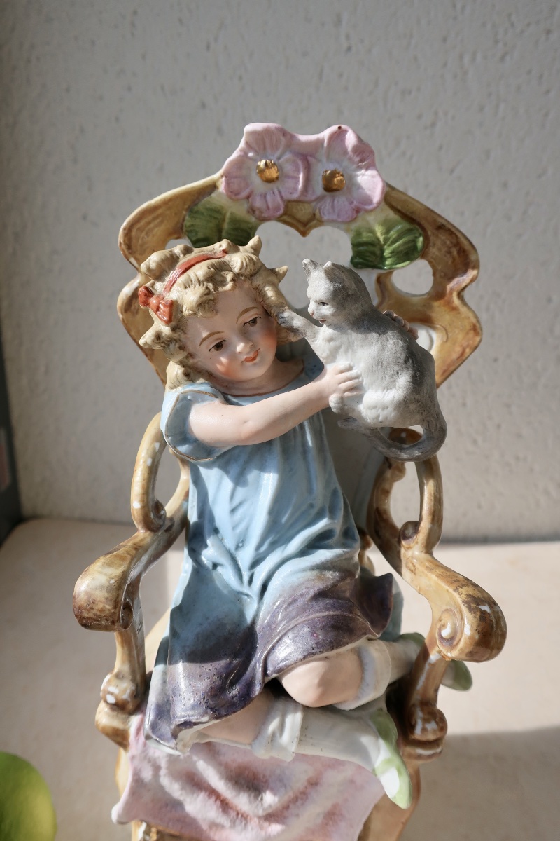 A.w.f. Kister Scheibe Alsbach Biscuit Figurine, Girl With Cat, 24 Cm, Circa 1910, Child, Cherub...-photo-8