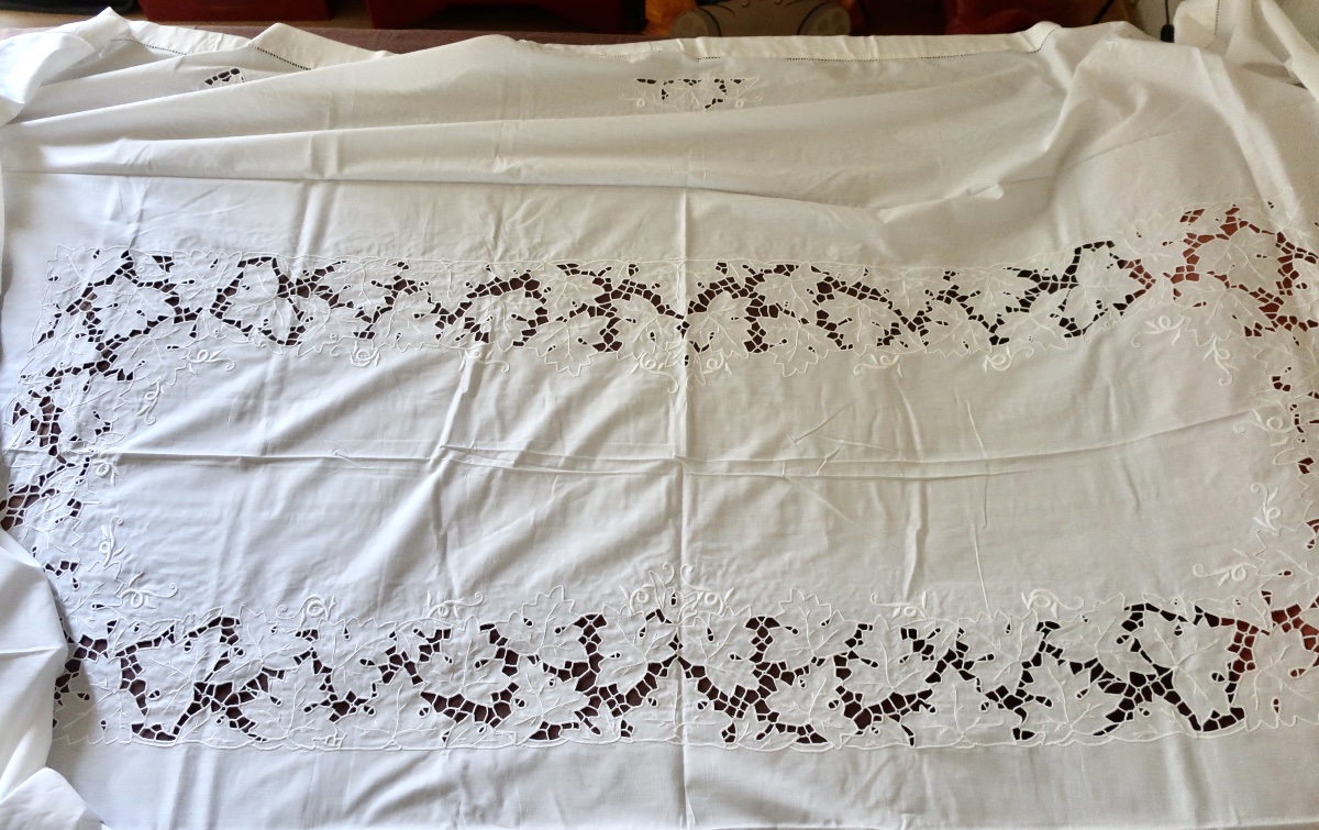 Grande Nappe Ancienne Brodée Fil de Lin + 9 Serviettes Assorties, TBE-photo-2