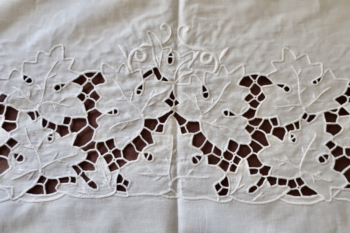 Grande Nappe Ancienne Brodée Fil de Lin + 9 Serviettes Assorties, TBE-photo-1