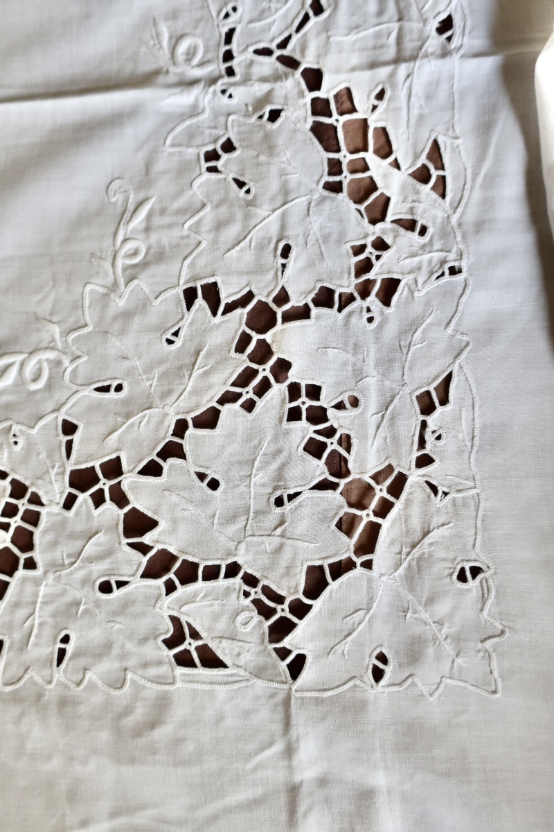 Grande Nappe Ancienne Brodée Fil de Lin + 9 Serviettes Assorties, TBE-photo-2