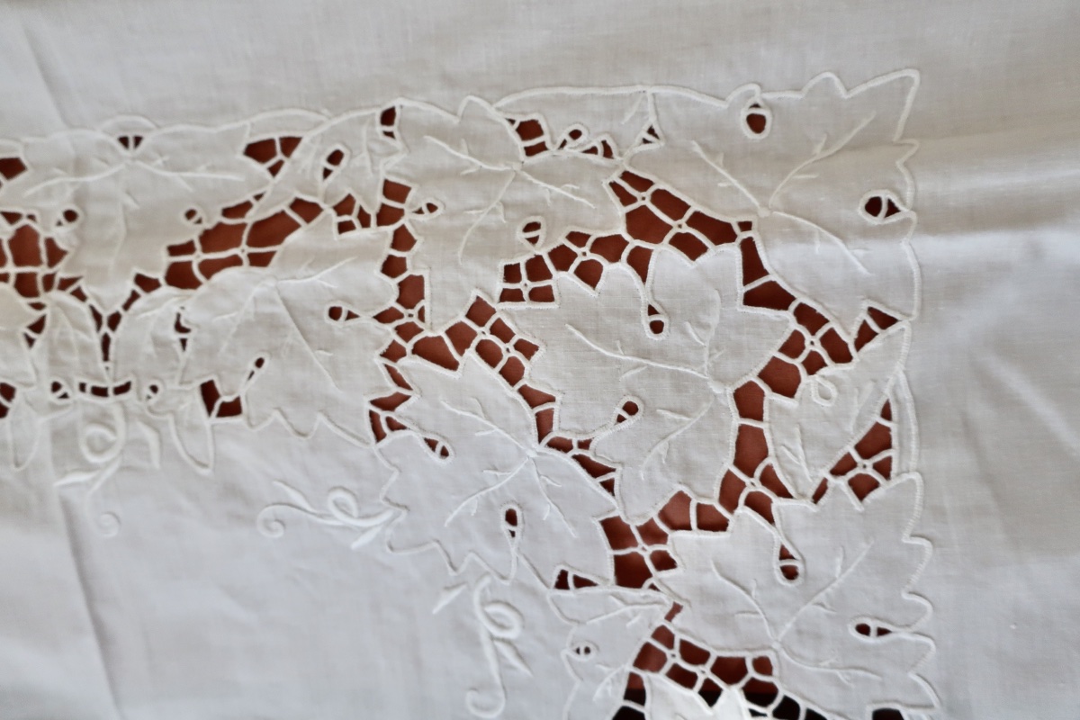 Grande Nappe Ancienne Brodée Fil de Lin + 9 Serviettes Assorties, TBE-photo-3