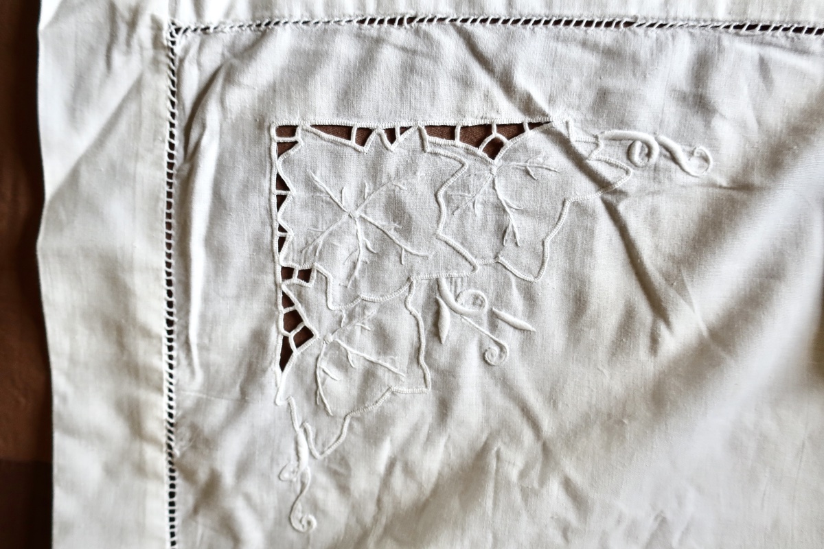 Grande Nappe Ancienne Brodée Fil de Lin + 9 Serviettes Assorties, TBE-photo-4