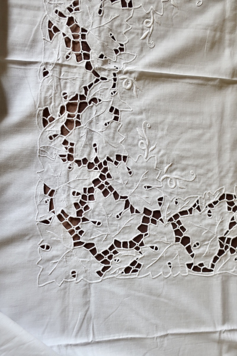 Grande Nappe Ancienne Brodée Fil de Lin + 9 Serviettes Assorties, TBE-photo-5