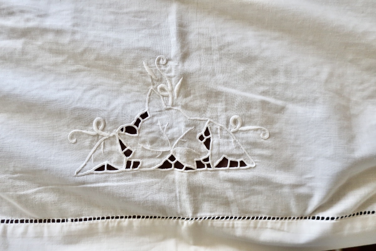 Grande Nappe Ancienne Brodée Fil de Lin + 9 Serviettes Assorties, TBE-photo-6