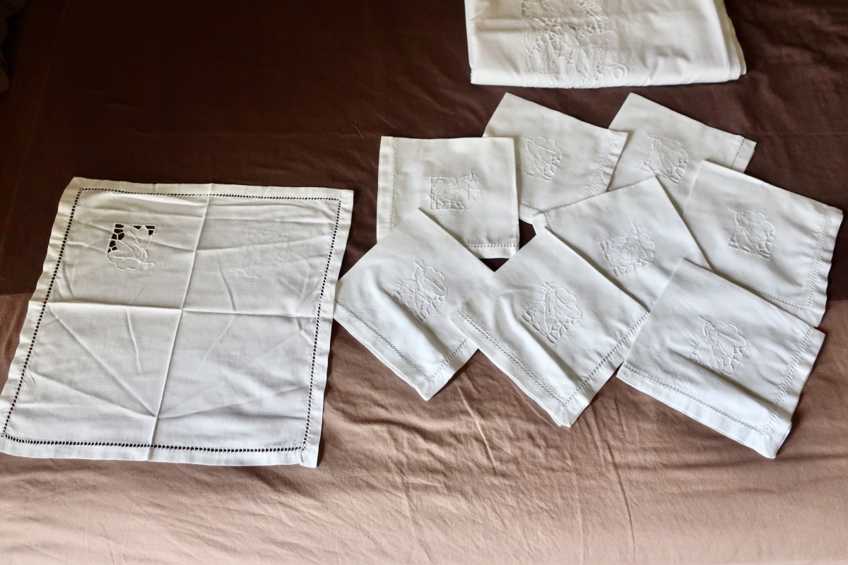 Grande Nappe Ancienne Brodée Fil de Lin + 9 Serviettes Assorties, TBE-photo-7