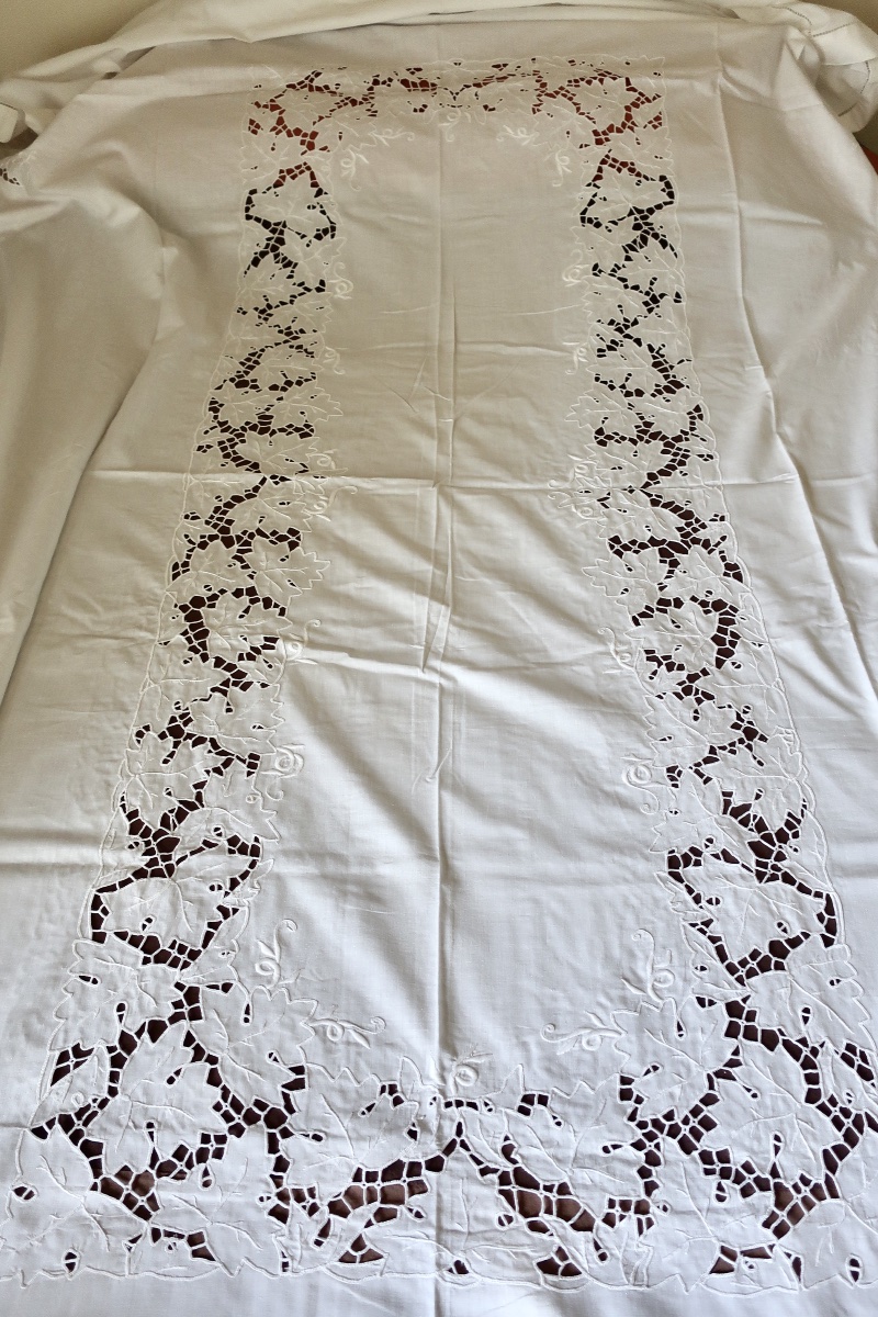 Grande Nappe Ancienne Brodée Fil de Lin + 9 Serviettes Assorties, TBE