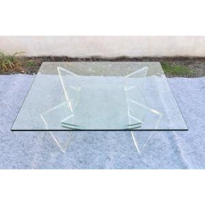 Designer Square Coffee Table From The 1980s, In Glass And Perspex (lucite).