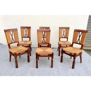 6 Chaises Paillées Néo Basques Années 1940 fortement attribuables à Victor Courtray en TBE