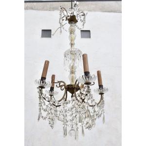 Lustre Bronze à Pampilles Cristal vers 1950 à 5 Lumières H = 81 cm