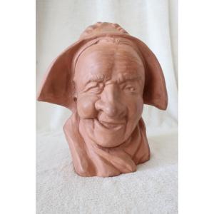 André Naudy, Terracotta Bust, Old Woman Laughing, Circa 1940, Very Good Condition.