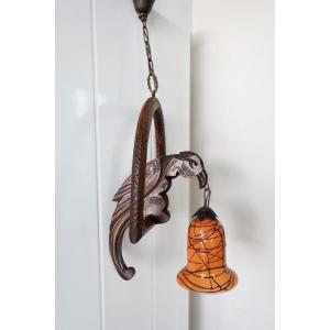 1900 Art Nouveau "perroquet" Pendant Lamp, Loetz "tulip"