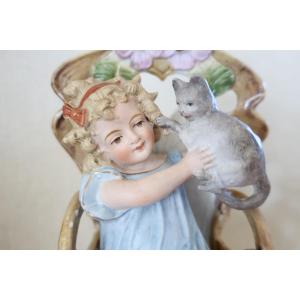 A.w.f. Kister Scheibe Alsbach Biscuit Figurine, Girl With Cat, 24 Cm, Circa 1910, Child, Cherub...