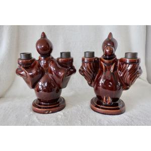 2 Light Holders, Candleholders, Art Deco Ceramics, Circa 1940