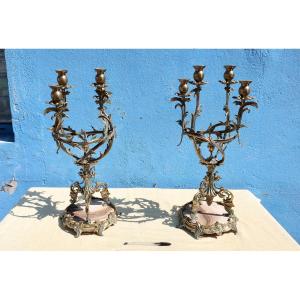 Paire De Candélabres  Bronze et Onyx Art Nouveau Fin XIXèm 56 Cm