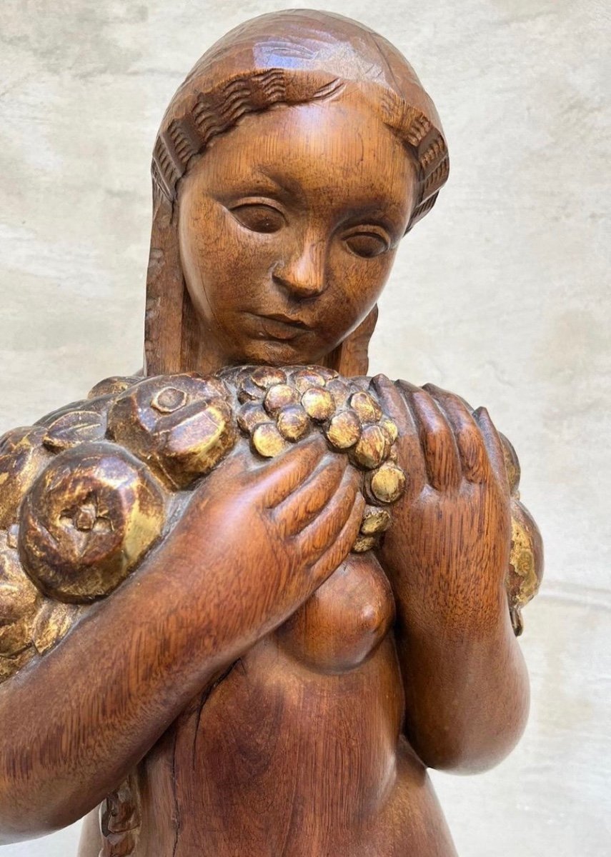 Parayre Henri (1879-1970) Female Nude At The Cornucopia Art Deco Wooden Sculpture-photo-2