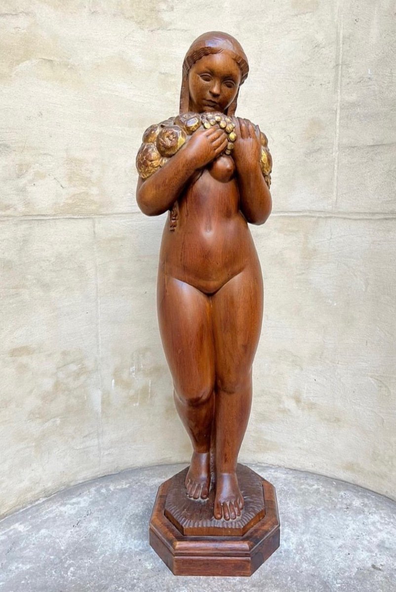 Parayre Henri (1879-1970) Female Nude At The Cornucopia Art Deco Wooden Sculpture