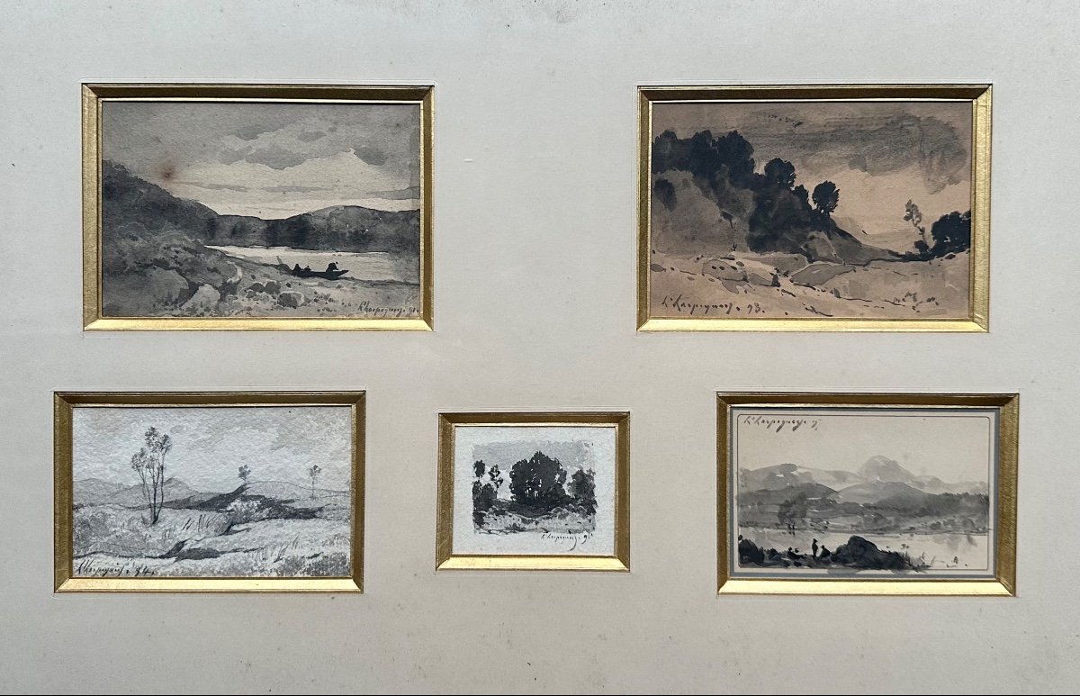 Henri HARPIGNIES (1819-1916) - Ensemble de 5 lavis d’encre signés datés - Paysage, Barbizon, 19ème-photo-2