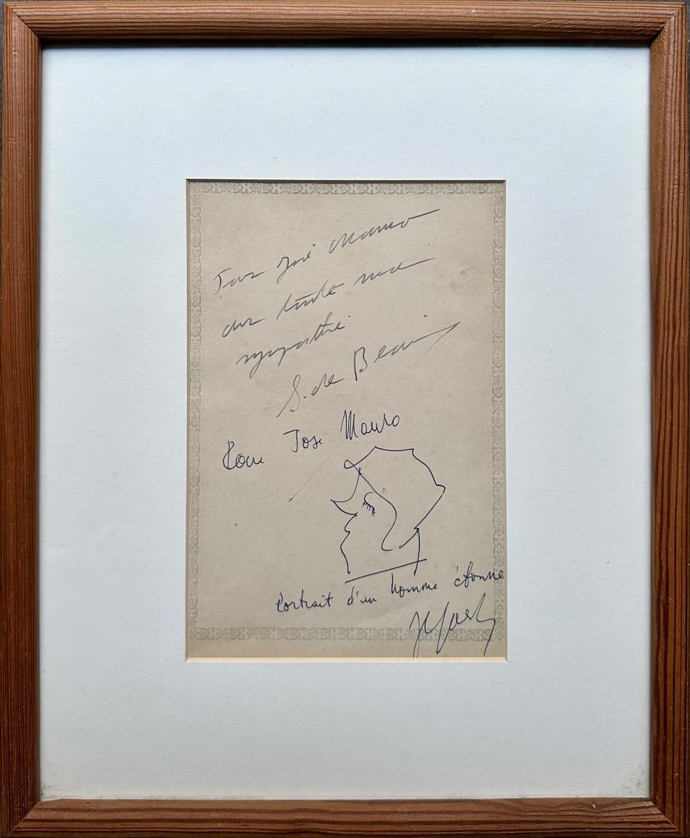 Jean-Paul SARTRE & Simone DE BEAUVOIR - Dédicaces Autographes - Dessin Portrait d’Homme