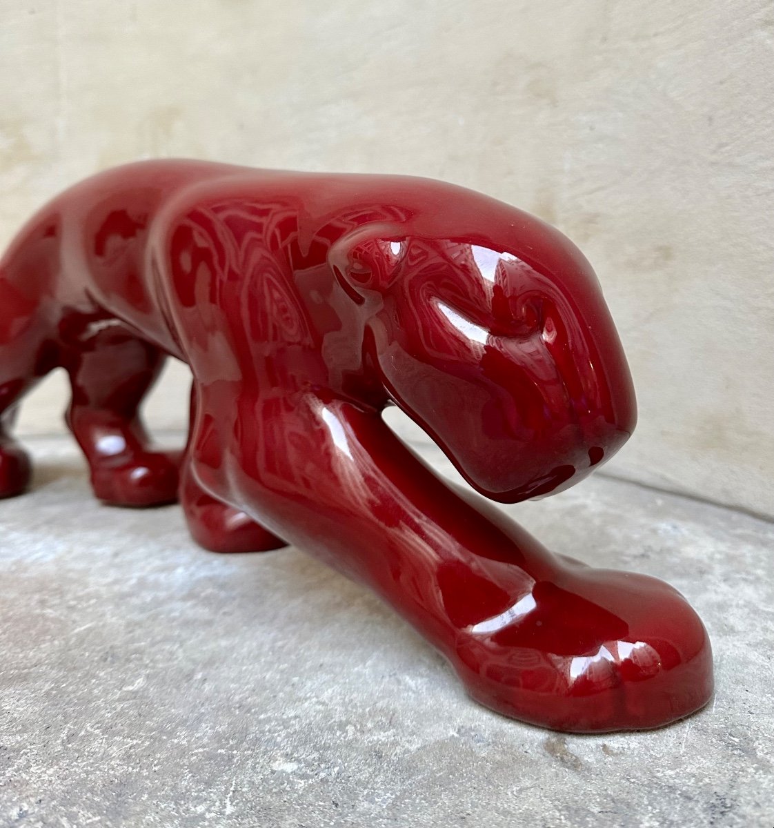 Primavera Edition - Walking Panther - Red Enameled Ceramic Sculpture - Animal Art-photo-2