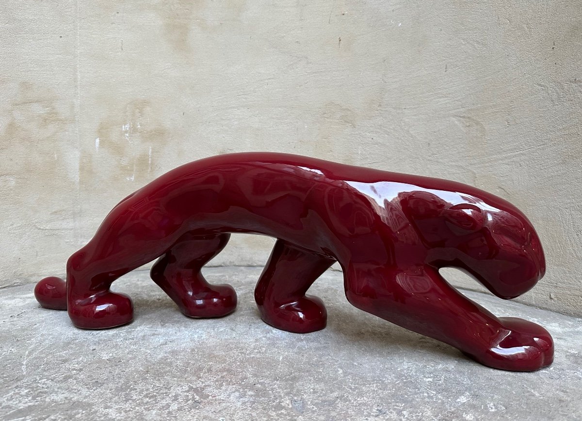Primavera Edition - Walking Panther - Red Enameled Ceramic Sculpture - Animal Art-photo-3