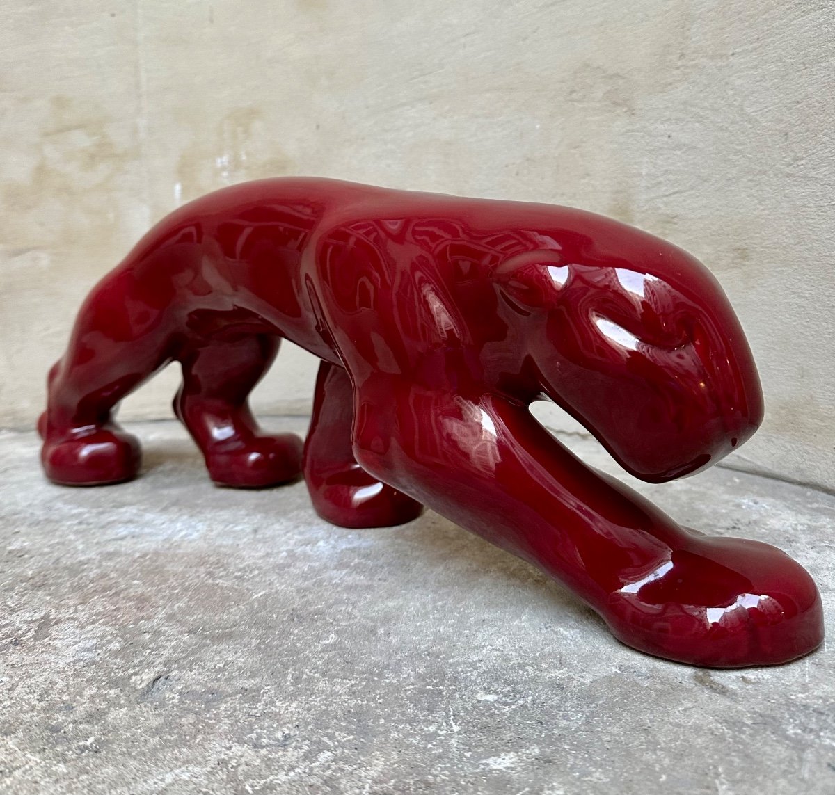 Primavera Edition - Walking Panther - Red Enameled Ceramic Sculpture - Animal Art-photo-4