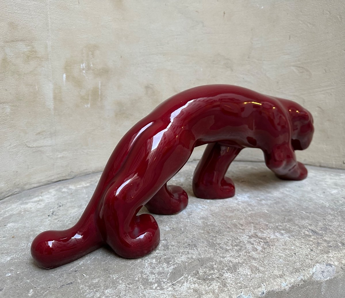Primavera Edition - Walking Panther - Red Enameled Ceramic Sculpture - Animal Art-photo-1