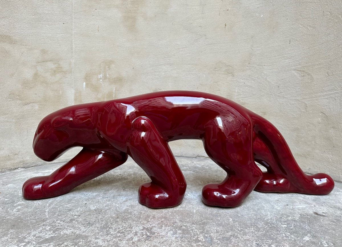 Primavera Edition - Walking Panther - Red Enameled Ceramic Sculpture - Animal Art