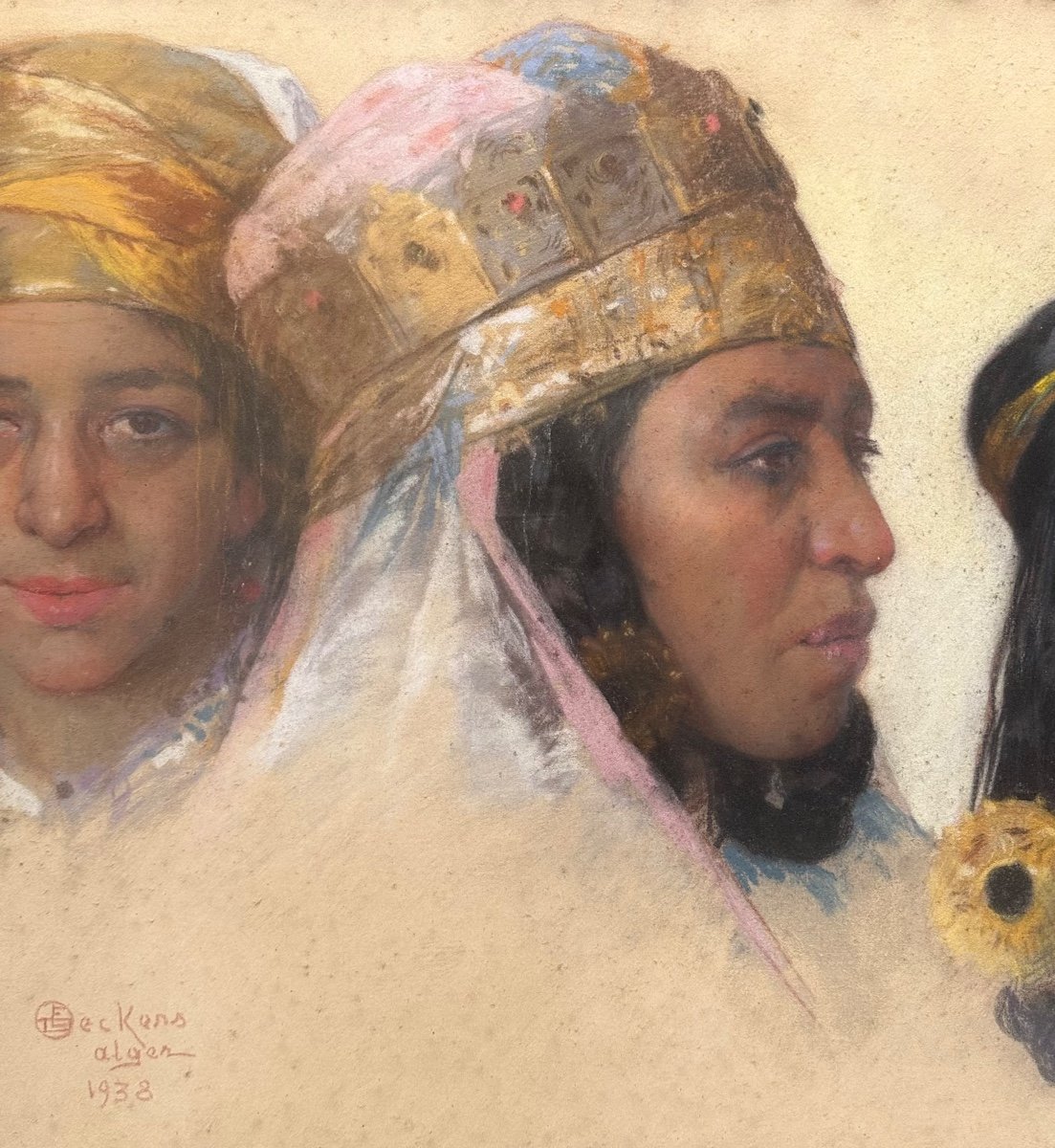 DECKERS Émile (1885-1968) Portrait de Femmes Alger 1938 - Pastel Orientalisme Algérie Belgique-photo-2