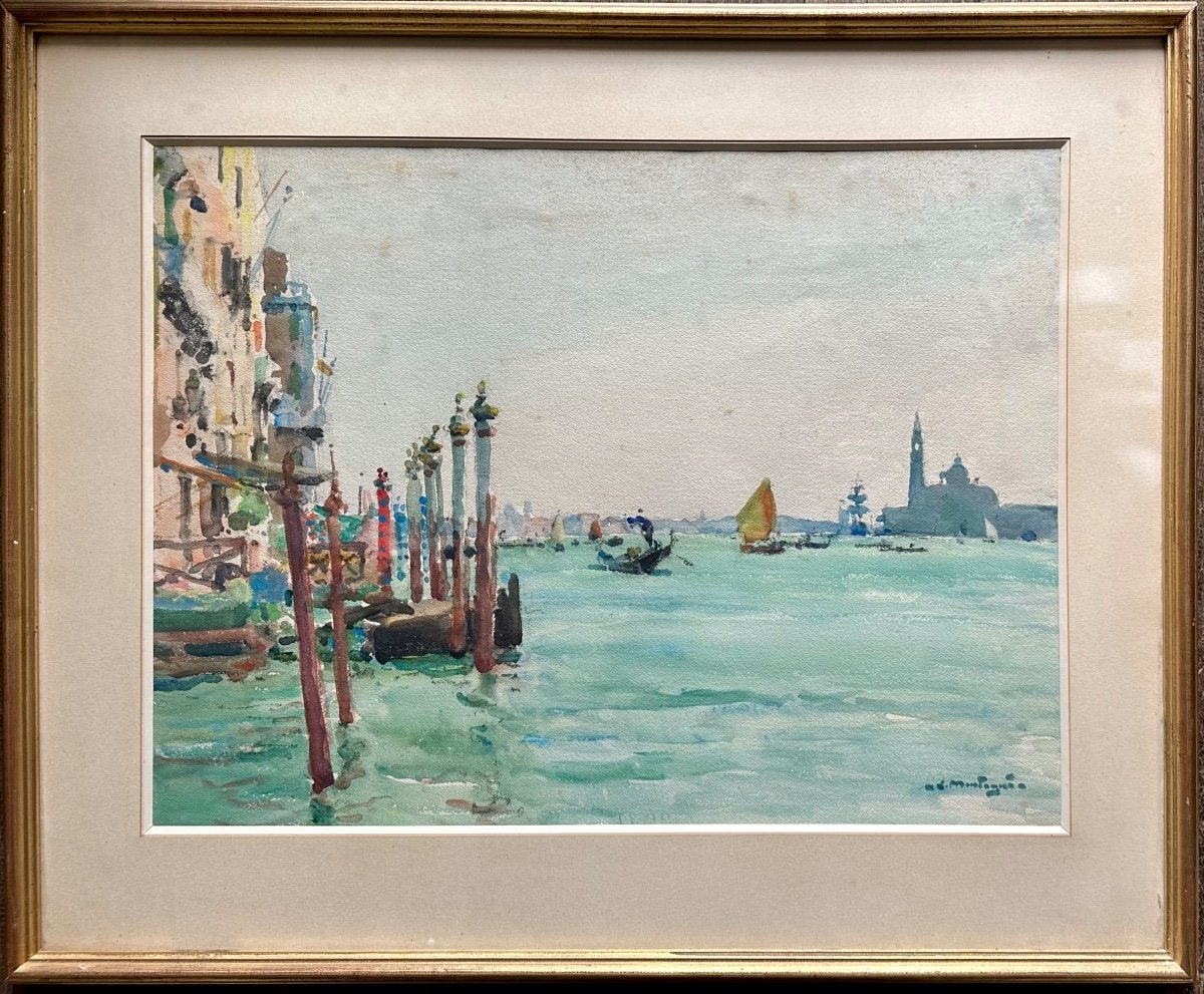 MONTAGNÉ Louis Agricol (1879-1960) Vue de Venise San Giorgio Maggiore Gondoles Aquarelle Italie-photo-1
