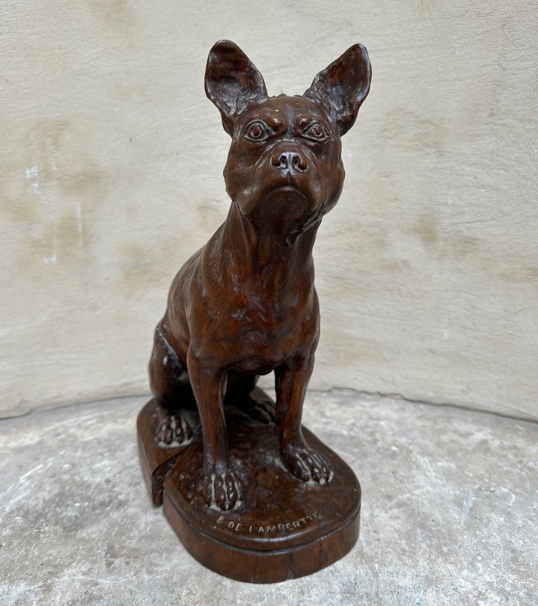 Sculpture en Bois « Bouledogue français » signée de Lambertye - Chien de race, Art animalier-photo-2