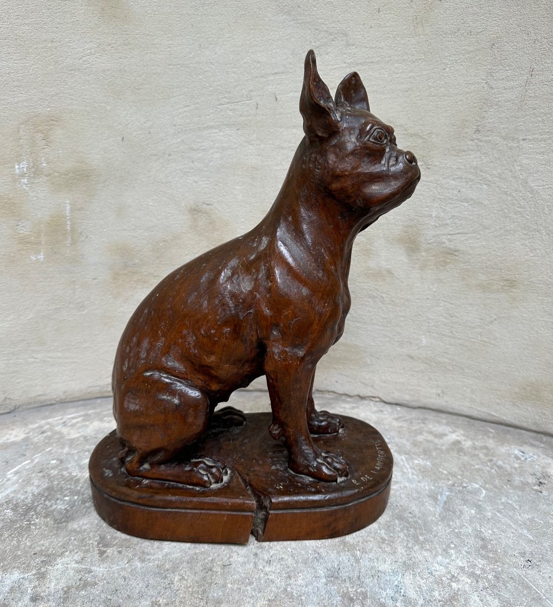 Sculpture en Bois « Bouledogue français » signée de Lambertye - Chien de race, Art animalier-photo-2