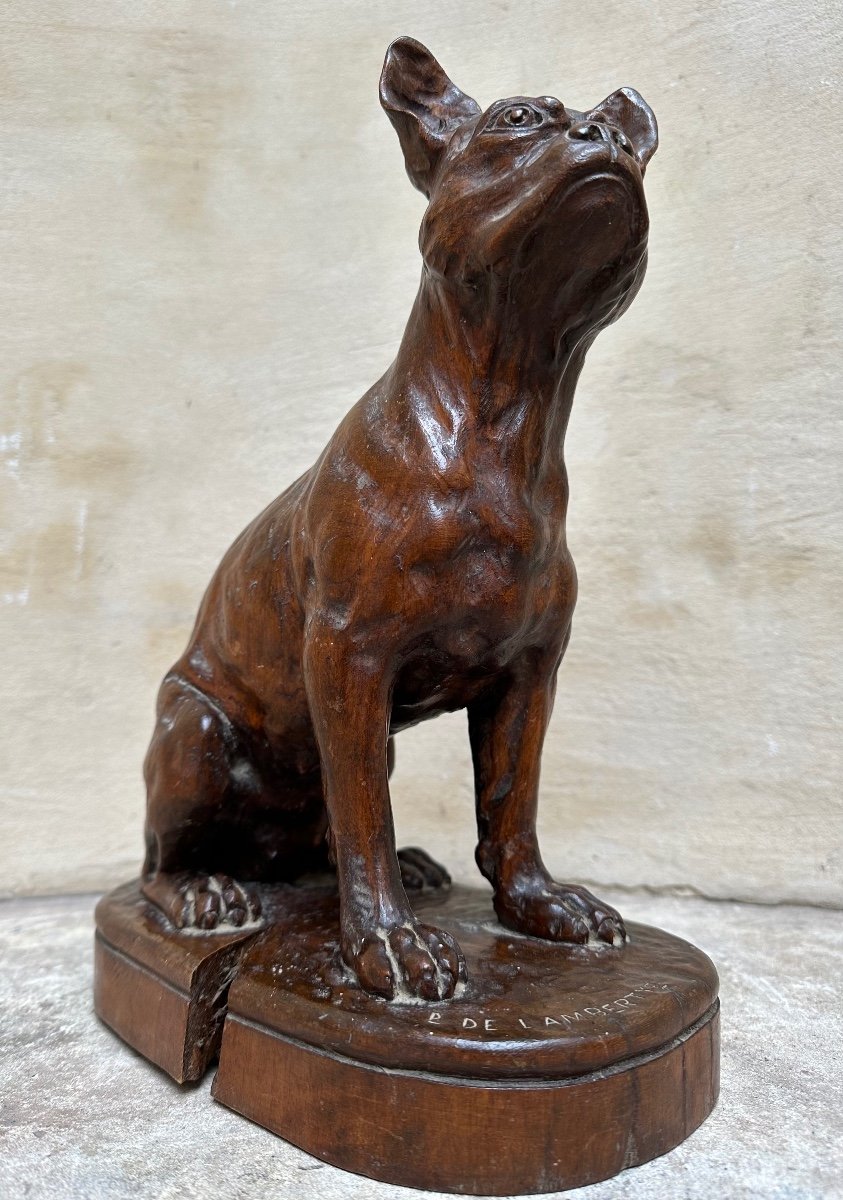 Sculpture en Bois « Bouledogue français » signée de Lambertye - Chien de race, Art animalier-photo-3