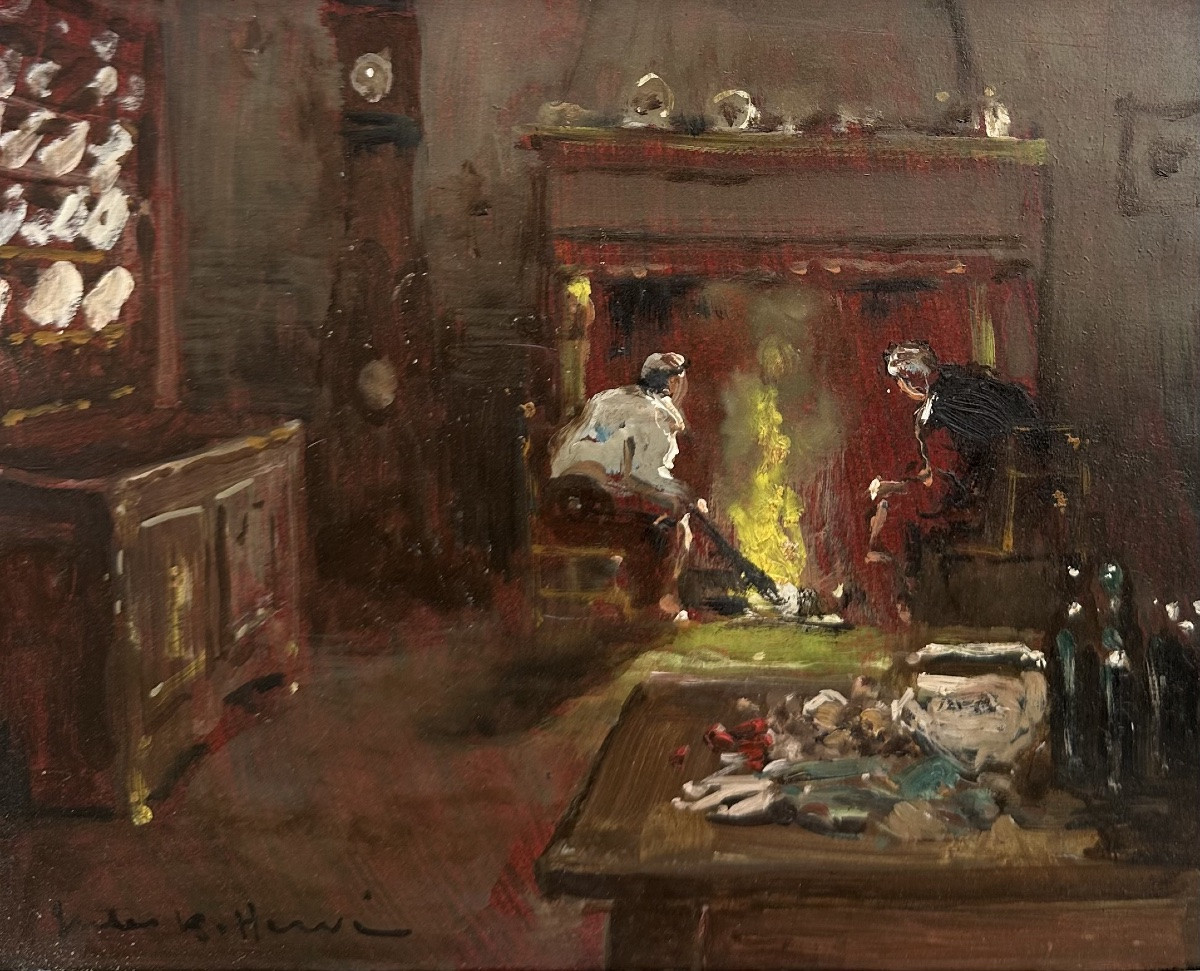Jules René HERVÉ (1887-1981) - Huile sur Panneau - Scène d’Intérieur à la Cheminée - Peinture-photo-3