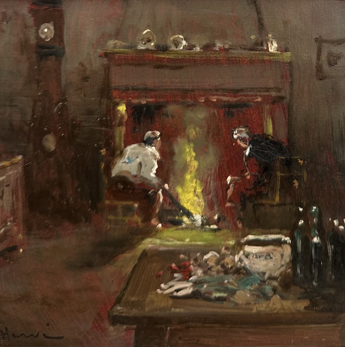 Jules René HERVÉ (1887-1981) - Huile sur Panneau - Scène d’Intérieur à la Cheminée - Peinture-photo-4