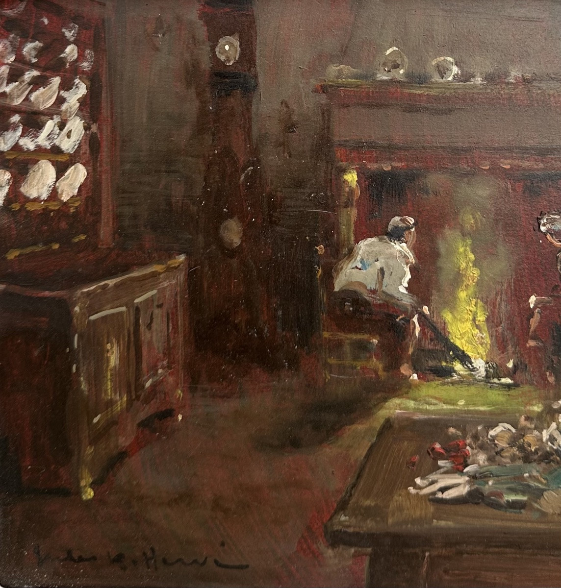 Jules René HERVÉ (1887-1981) - Huile sur Panneau - Scène d’Intérieur à la Cheminée - Peinture-photo-1